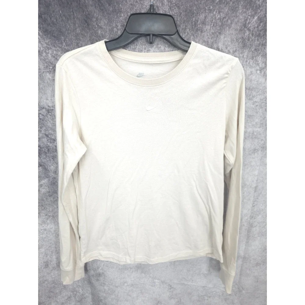 Nike T Shirt Womens XS Off White Crewneck Swoosh Long Sleeve Athletic Cotton